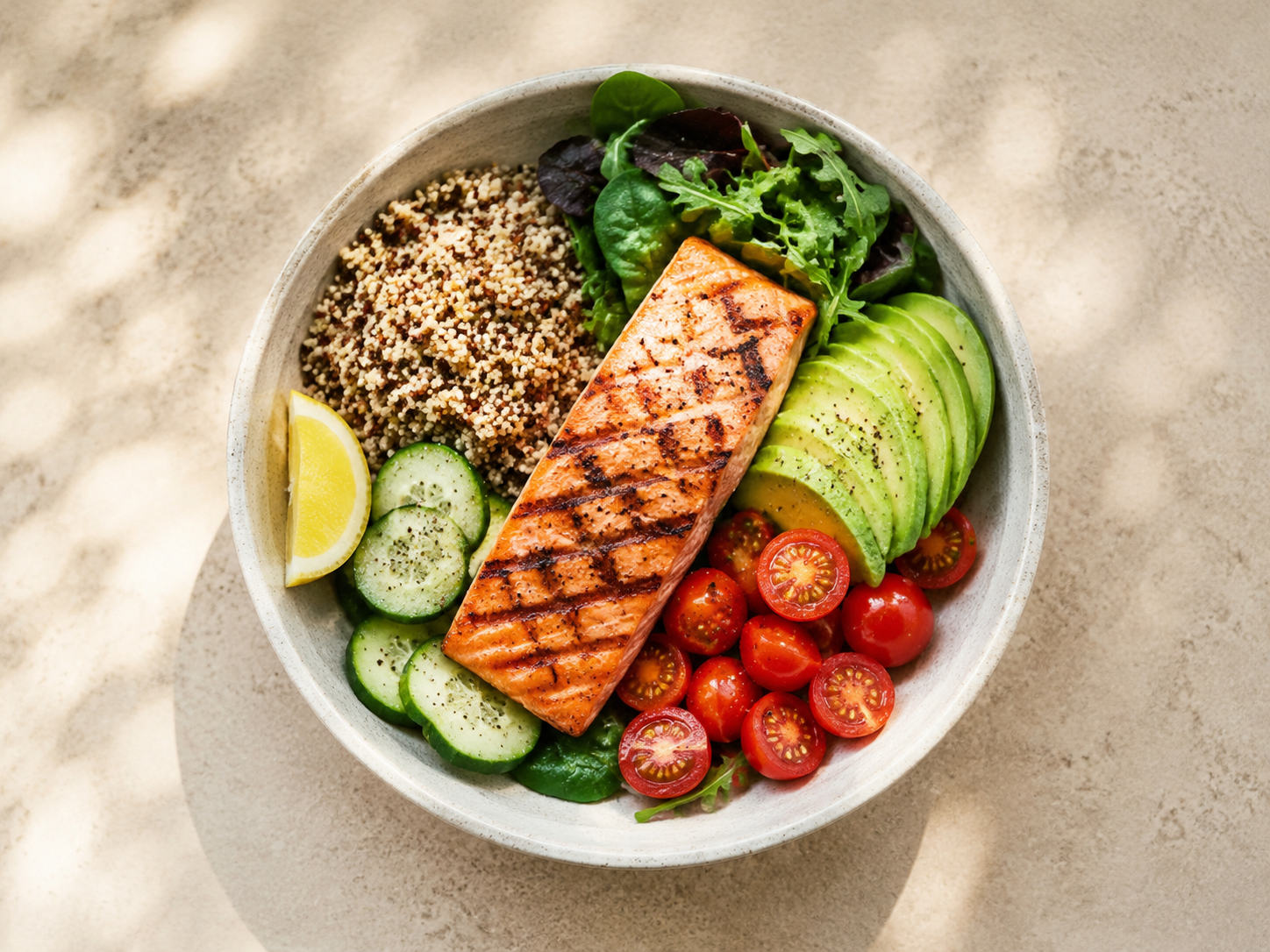 The app’s salmon bowl with avocado, quinoa, and vegetables